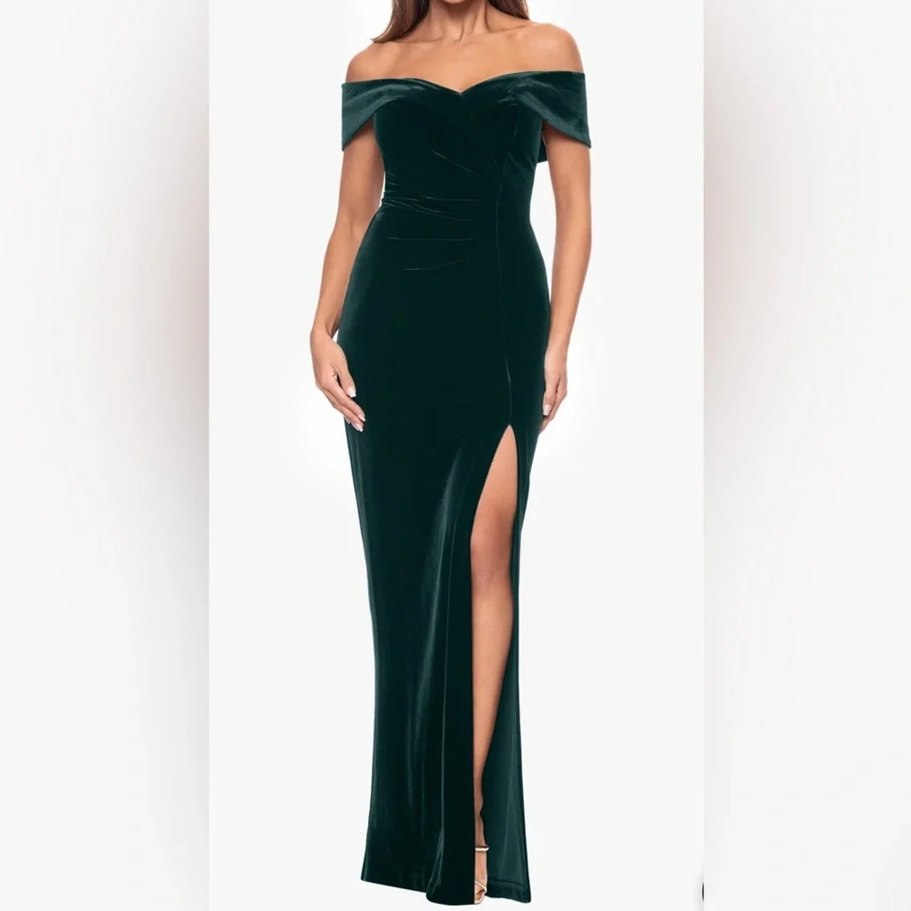 XSCAPE FORMAL DRESS SIZE 12 P CHARMAINE LONG OFF THE SHOULDER VELVET GREEN GOWN - Picture 4 of 8